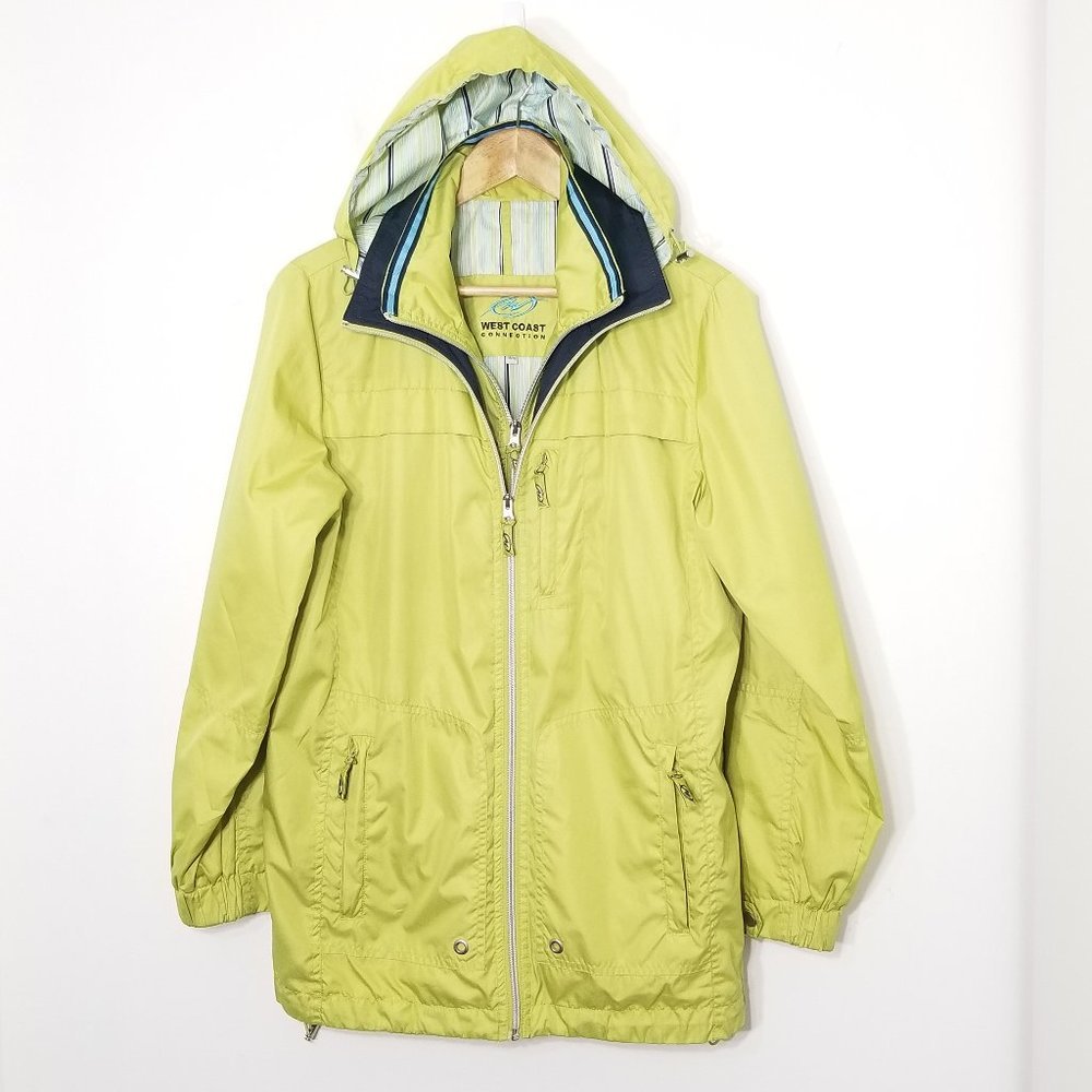 West Coast Connection Green Retro Removable Hooded Double Zip Pockets Rain Coat